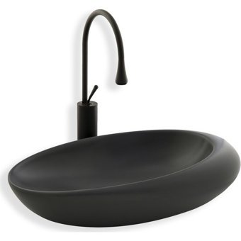 Lena E-7027 Dekoratif Tekli 57 cm Porselen Tezgah Üstü Oval Lavabo Gri