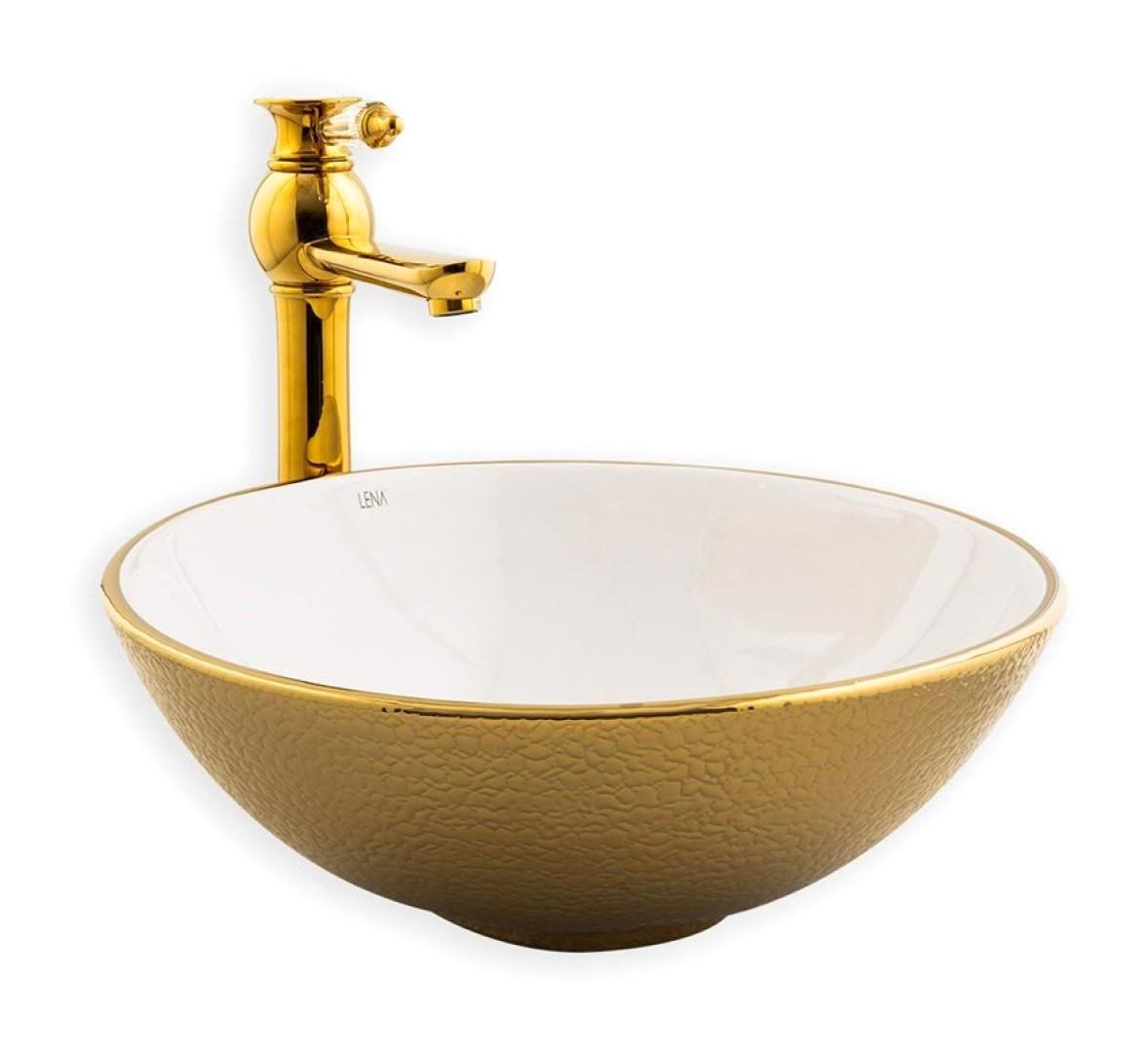 Lena E-5005A Dekoratif Tekli 50 cm Porselen Tezgah Üstü Oval Lavabo Beyaz