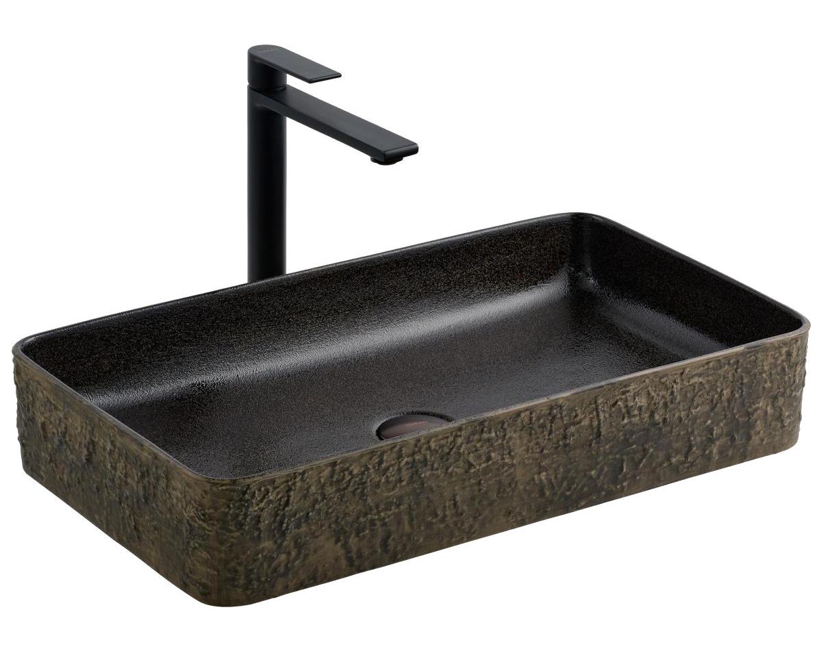 Turkuaz Seramik E-4061S Dekoratif Tekli 60 cm Porselen Tezgah Üstü Dikdörtgen Lavabo Siyah
