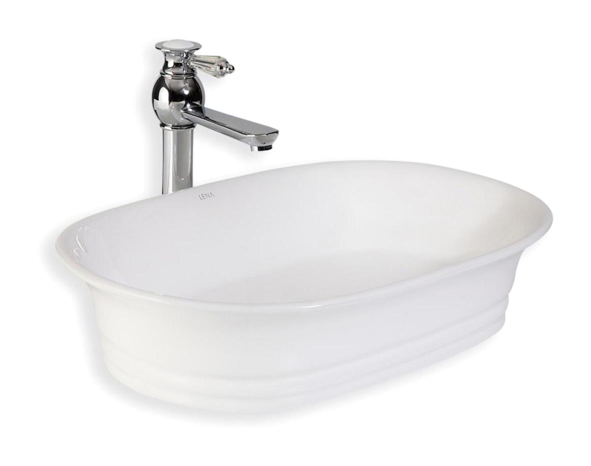 Lena E-4802 Dekoratif Tekli 55 cm Porselen Tezgah Üstü Oval Lavabo Beyaz