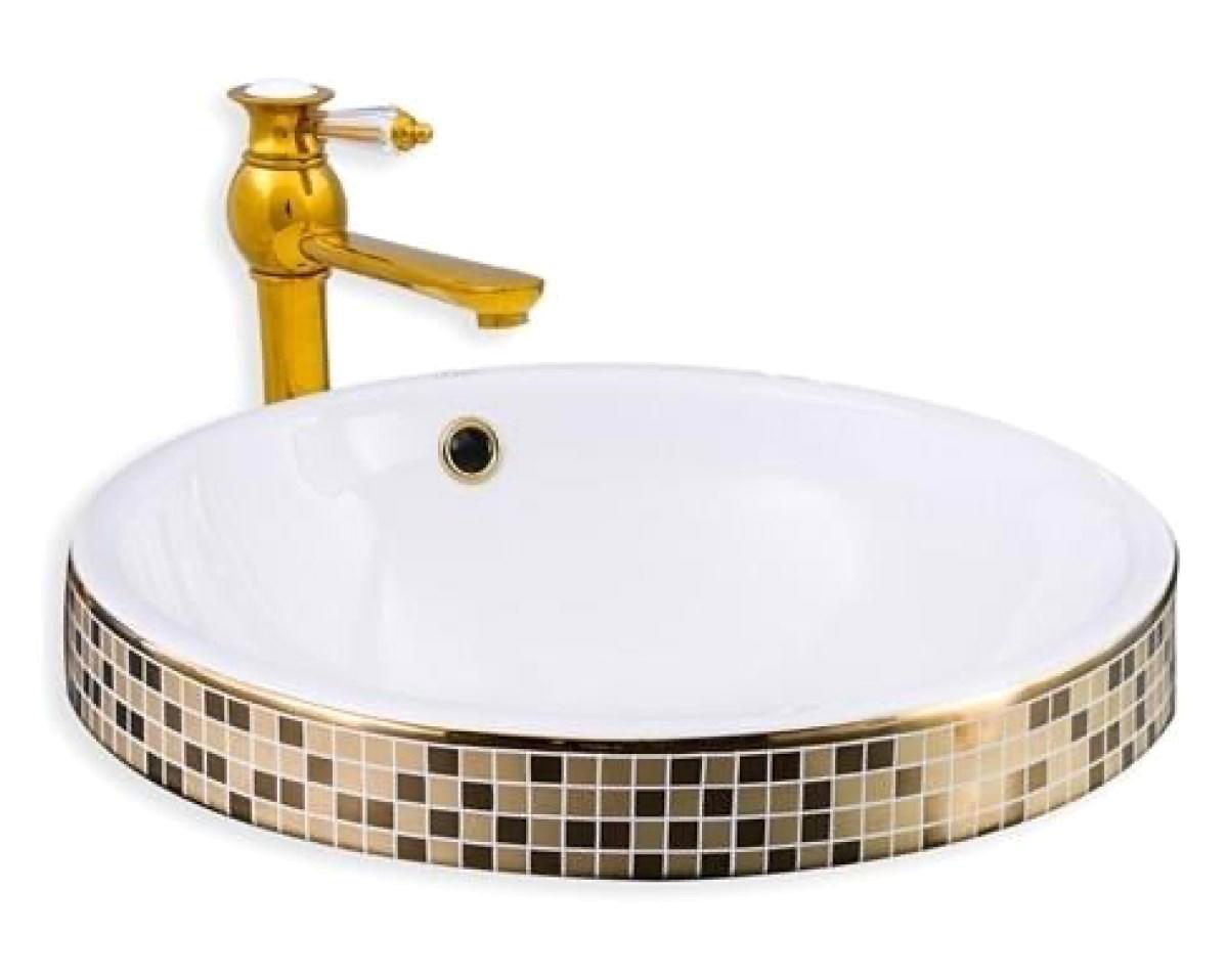 Lena E-3053A Dekoratif Tekli 60 cm Porselen Tezgah Üstü Yuvarlak Lavabo Beyaz