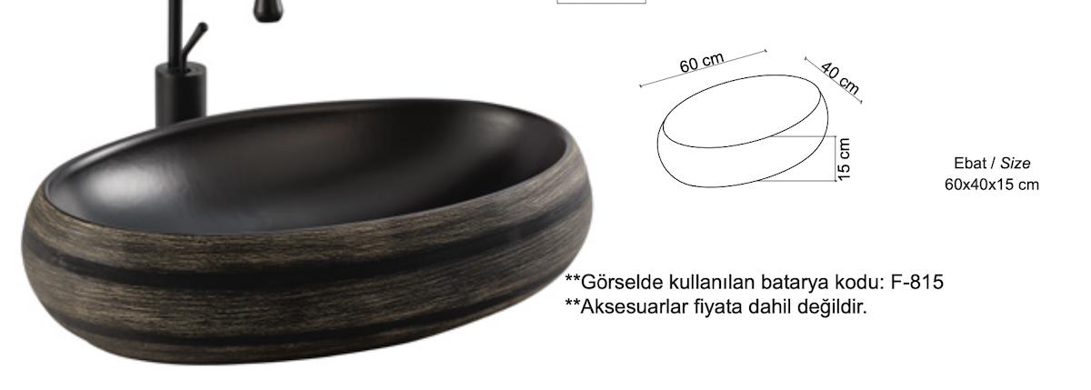 Lena E-9052 Dekoratif Tekli 60 cm Porselen Tezgah Üstü Dikdörtgen Lavabo Antrasit