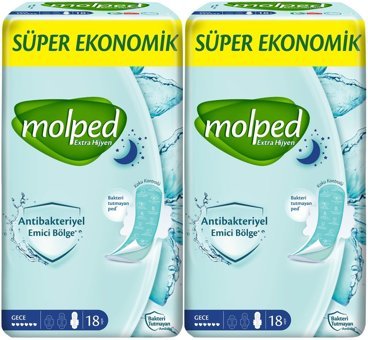 Molped Extra Hijyen Antibakteriyel Gece 18'li Hijyenik Ped 2 Adet