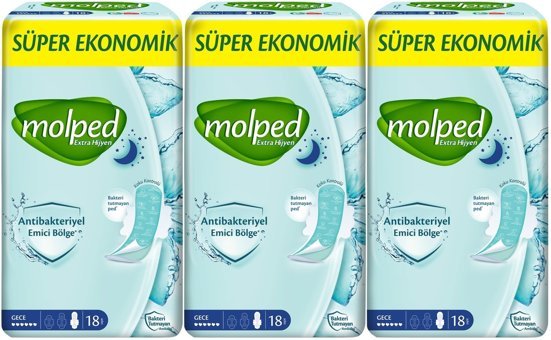 Molped Extra Hijyen Antibakteriyel Gece 18'li Hijyenik Ped 3 Adet
