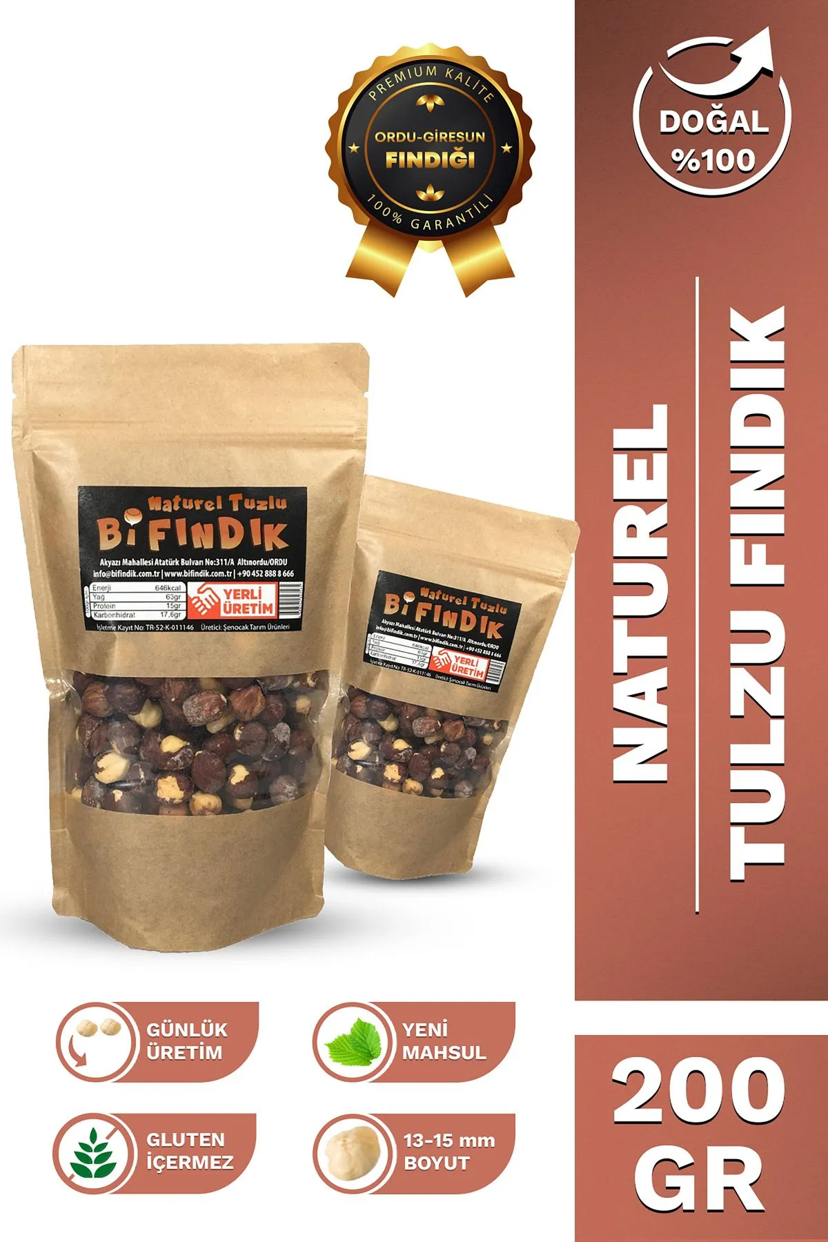 Bi Fındık Çiğ Tuzlu Organik Glutensiz Tane Giresun İçi Fındık 200 gr