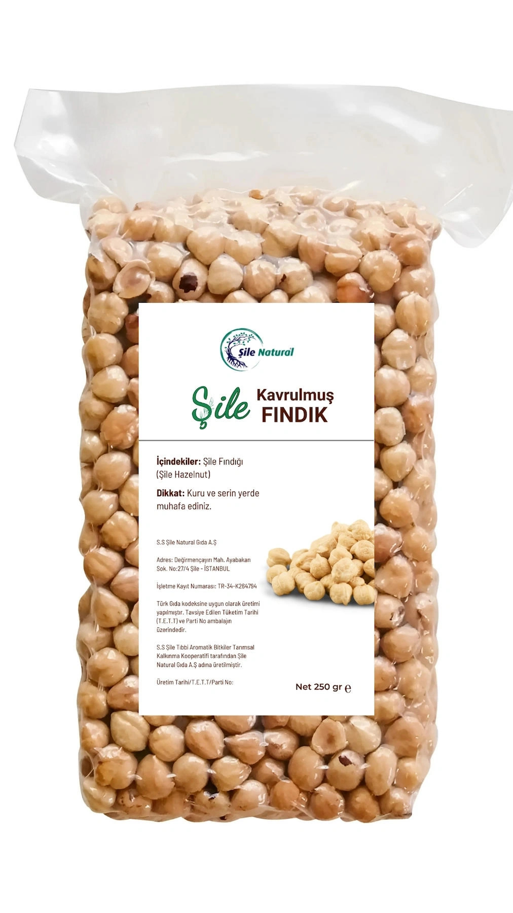 Şile Natural Kavrulmuş Tuzsuz Organik Tane İçi Fındık 250 gr
