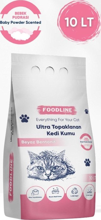 Foodline Bebek Pudralı Topaklanan İnce Taneli Bentonit Kedi Kumu 10 lt