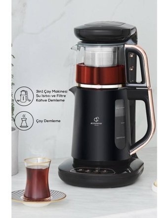 Karaca Çaysever Robotea 3 In 1 Konuşan Otomatik Kapanma Cam Demlikli 2200 W Işıklı Plastik Siyah-Rose Çay Makinesi