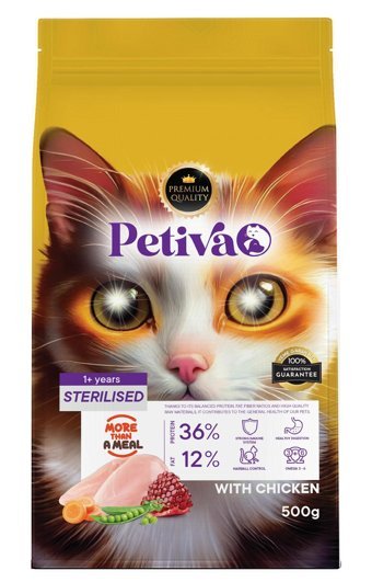 Petiva Tavuklu Kısırlaştırılmış Az Tahıllı Yetişkin Kuru Kedi Maması 500 gr