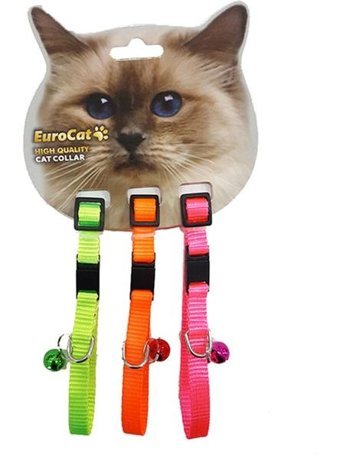 Eurocat Zilli Düz Güvenlikli Pembe-Sarı-Turuncu Fosforlu Ayarlanabilir Gezdirme Boyun Kedi Tasması