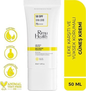Rimu Health Products 50+ Faktör Tüm Ciltler İçin Leke Karşıtı Nemlendirici Ton Eşitleyici Aydınlatıcı Suya Dayanıklı Boyun-Yüz Güneş Kremi 50 ml