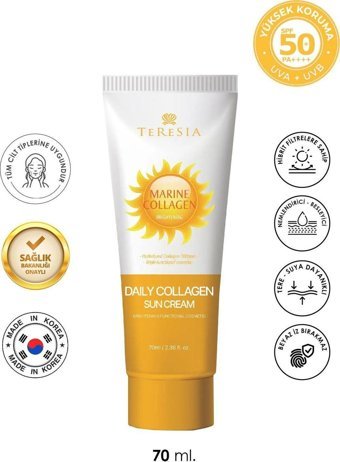 Teresia Kolajen İçeren 50+ Faktör Tüm Ciltler İçin Leke Karşıtı Nemlendirici Yaşlanma Karşıtı Aydınlatıcı Mineral Filtreli Yağsız Suya Dayanıklı Yüz ve Vücut Güneş Kremi 70 ml