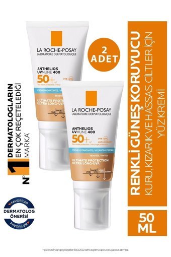 La Roche-Posay Anthelios Uvmune 400 Tinted Renkli 50+ Faktör Hassas Ciltler İçin Leke Karşıtı Nemlendirici Yaşlanma Karşıtı Mineral Filtreli Yağsız Suya Dayanıklı Yüz Güneş Kremi 2x50 ml