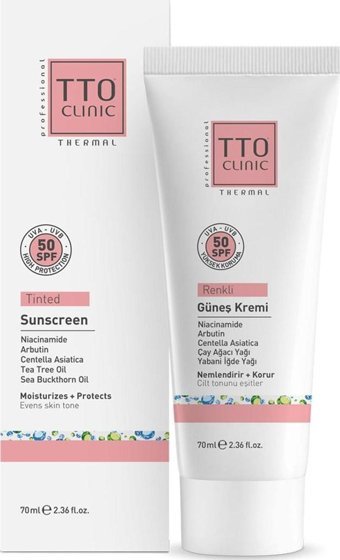 TTO Clinic Renkli 50+ Faktör Akneli Ciltler-Hassas Ciltler-Vitiligo Ciltler İçin Leke Karşıtı Nemlendirici Ton Eşitleyici Yağsız Suya Dayanıklı Güneş Kremi 70 ml
