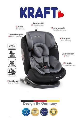 Kraft Top-Tether Isofixli-Emniyet Kemerli 360 Derece Dönen 0-36 kg Yatabilen Yükseklik Ayarlı Çift Yönlü Oto Koltuğu Gri