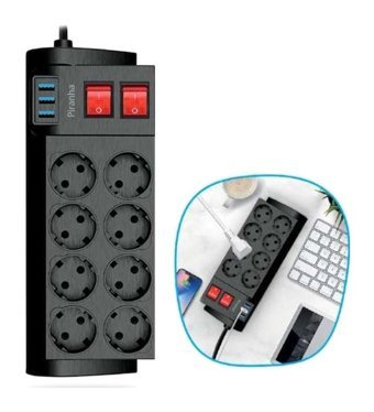 Buffer Termal 8'li Soket Kablolu 2 m Çiftli Akım Korumalı Priz