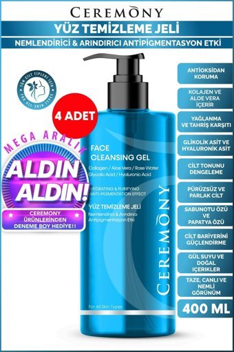 Ceremony Alkolsüz Tüm Ciltler Su Bazlı Yüz Temizleme Jeli 4x400 ml