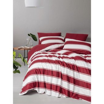 Cozy Home Festive Pamuk 4 Mevsim 200x220 cm Çarşaflı Lastikli Çizgili Çift Kişilik Nevresim Takımı Beyaz-Kırmızı
