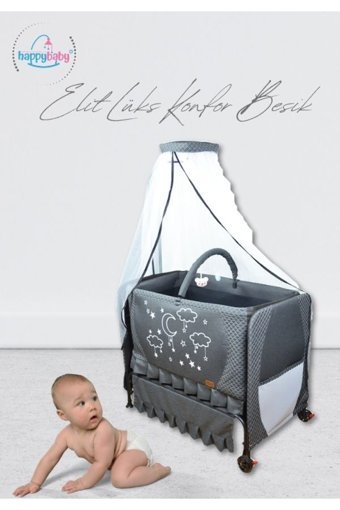 Happy Baby 20 kg Dikdörtgen Tekerlekli Yataklı Sallanan Portatif Beşik Gri
