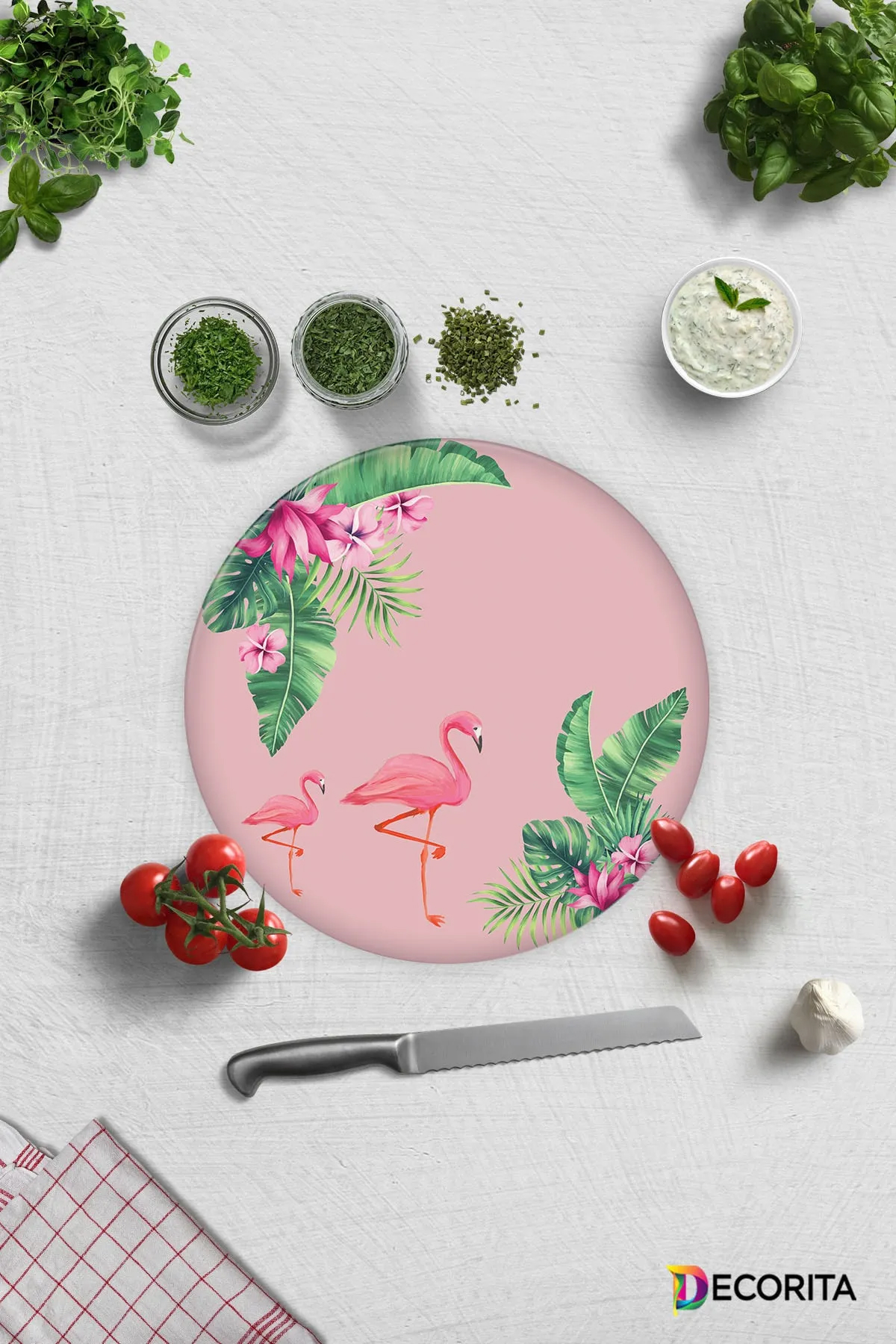 Decorita Tropik Yapraklar Flamingo Cam Büyük Pembe Kesme Tahtası