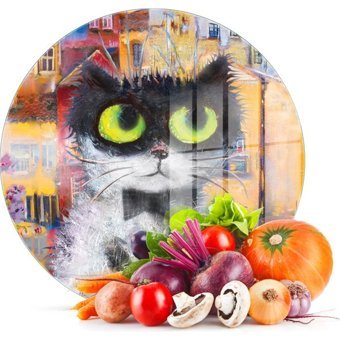 Decovetro Kedi Desenli Cam Orta Beyaz Kesme Tahtası