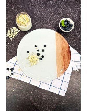 Decorita Kenarı Ahşap Desenli Cam Orta Beyaz Kesme Tahtası