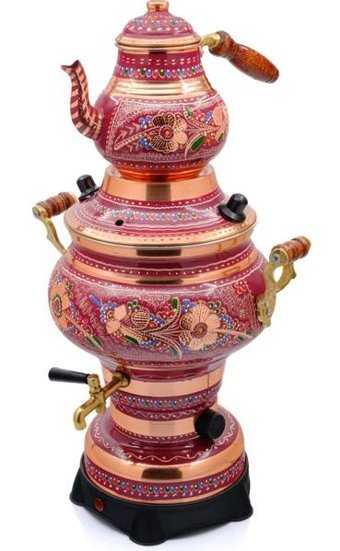 Eriza İşlemeli 1000 W 4 lt Bakır Tek Demlikli Tek Musluklu Bakır Elektrikli Semaver Lila