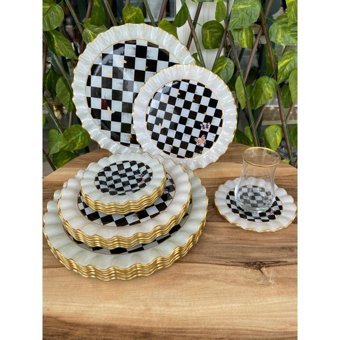 Gürcü Glass Damlalı 24 Parça 7 Kişilik Beyaz-Siyah Desenli Porselen Kahvaltı Takımı