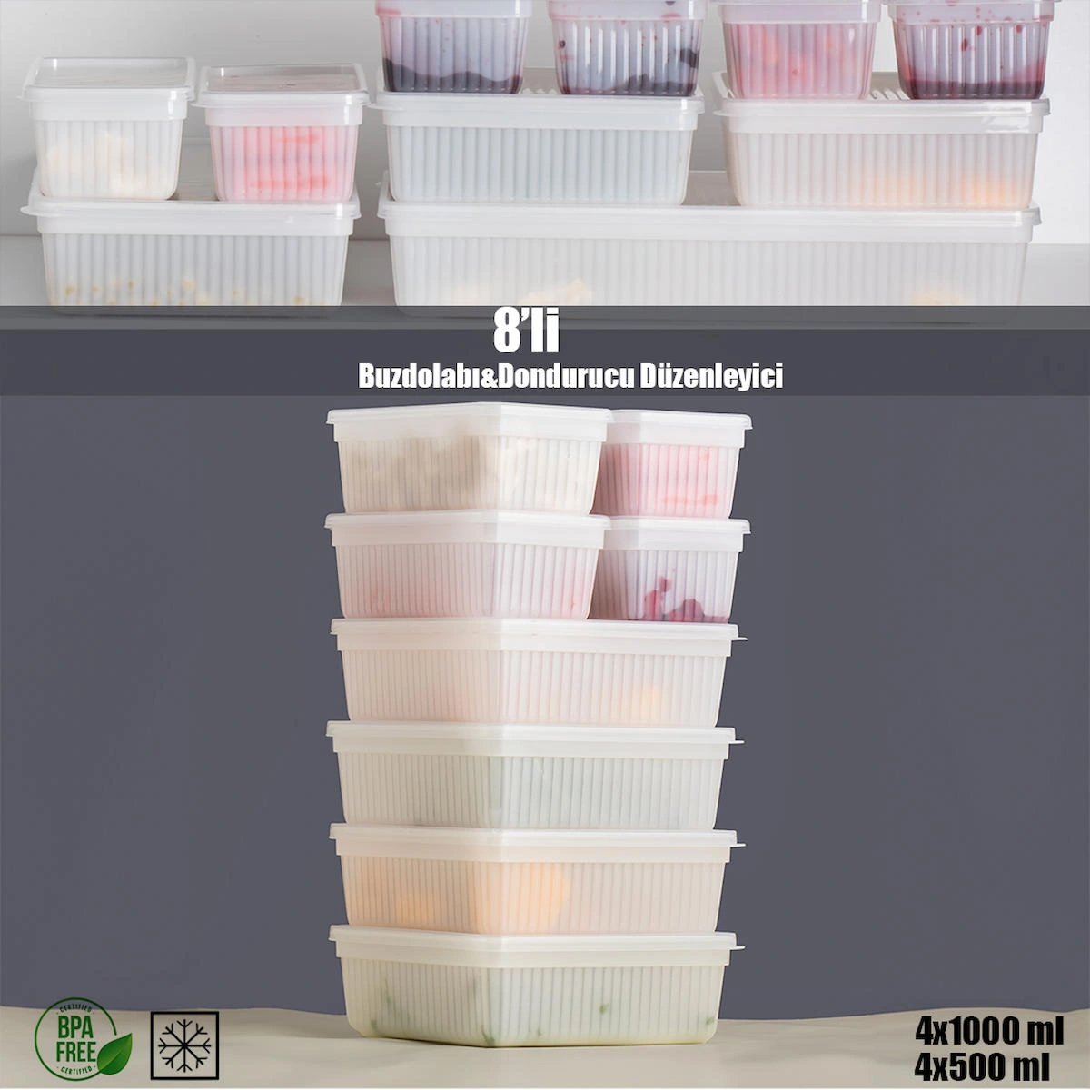 Porsima Set Dikdörtgen Plastik Saklama Kabı 8x4x500 ml-4x1 lt