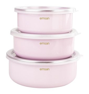 Emsan Pastel Pembe Yuvarlak Emaye Saklama Kabı 3x600 ml-800 ml-1 lt