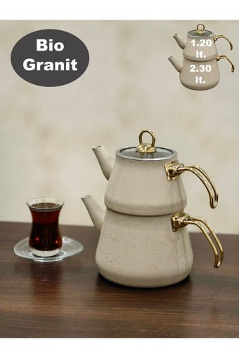 Yunusoğlu Home Cam Kapak Granit Kaplama Çaydanlık Krem