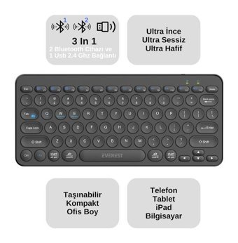Everest KB-BT16 Türkçe Q Wireless Kablosuz Siyah Klavye