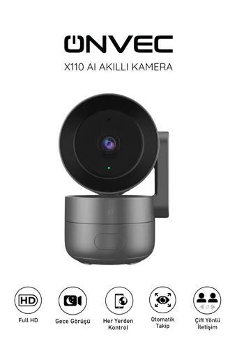 Onvec X110 Ai Wi-Fi 1 Kameralı 360 Derece Dönme Gece Görüşlü 4x Zoom IP İç Mekan Güvenlik Kamerası Siyah