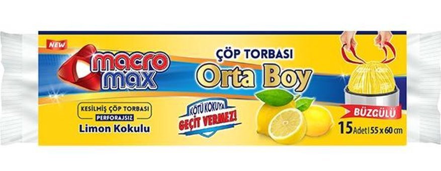 Macromax Limon Kokulu Büzgülü Orta Boy 55x60 cm Çöp Poşeti 15 Adet Sarı