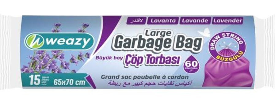 Weazy Lavanta Kokulu Büzgülü Büyük Boy 65x70 cm Çöp Poşeti 15 Adet Mor