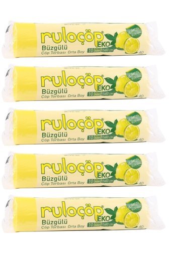 Ruloçöp Ekonomik Limon Kokulu Büzgülü Orta Boy 55x60 cm Çöp Poşeti 5x10 Adet Sarı