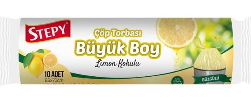Stepy Limon Kokulu Şeffaf Büzgülü Büyük Boy 65x70 cm Çöp Poşeti 10 Adet Sarı