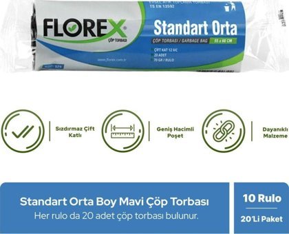 Florex Orta Boy 55x60 cm Çöp Poşeti 10x20 Adet Mavi