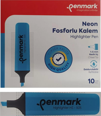 Penmark Hs-505 10'lu Neon Mavi Kesik Uçlu Fosforlu Kalem Seti
