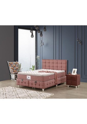 Mobilya Dükkanım Eylül 140 x 200 cm Yataklı Başlıklı Çift Kişilik Sandıklı Baza Seti Pembe