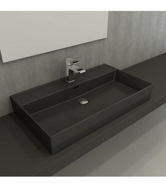 Bocchi Milano Tekli 80 cm Seramik Tezgah Üstü Dikdörtgen Lavabo Mat Antrasit
