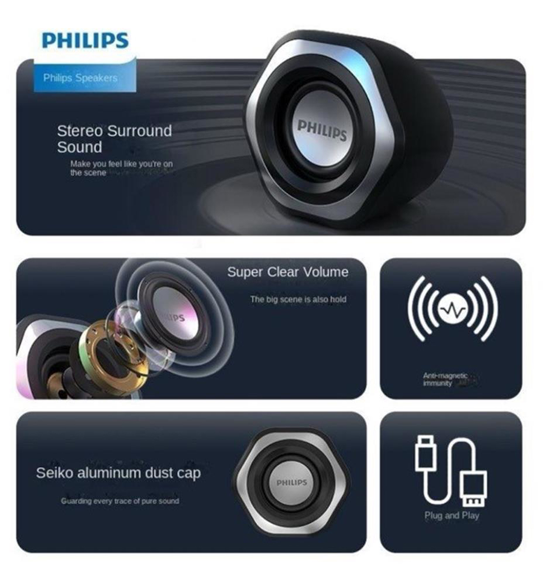 Philips SPA2209 USB Kablolu Mini 1+1 Bilgisayar Hoparlörü