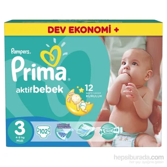Prima Aktif Bebek 3 Numara Cırtlı Bebek Bezi 102 Adet