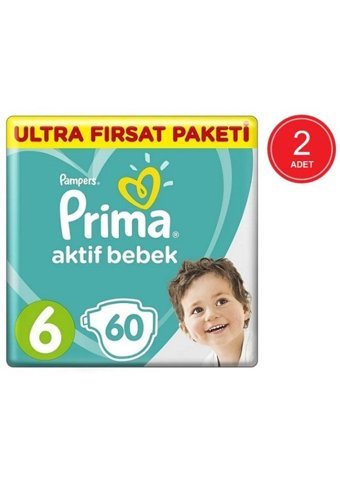 Prima Aktif Bebek Extra Large 6 Numara Cırtı Bebek Bezi 2x60 Adet