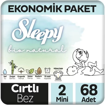Sleepy Bio Natural 2 Numara Organik Cırtlı Bebek Bezi 68 Adet