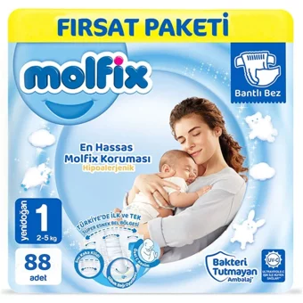 Molfix Hipoalerjenik Yenidoğan 1 Numara Göbek Oyuntulu Cırtlı Bebek Bezi 88 Adet