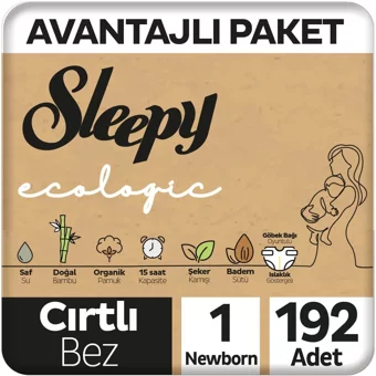 Sleepy Ecologic Yenidoğan 1 Numara Organik Cırtlı Bebek Bezi 192 Adet
