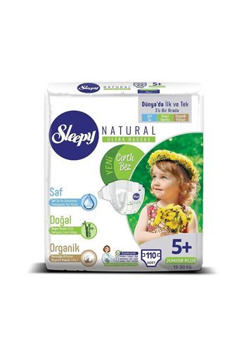 Sleepy Natural Ultra Hassas 5 + Numara Organik Cırtlı Bebek Bezi 110 Adet