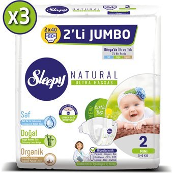 Sleepy Natural Ultra Hassas Mini 2 Numara Organik Cırtlı Bebek Bezi 3x80 Adet