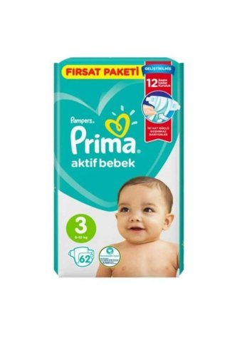 Prima Aktif Bebek Midi 3 Numara Cırtlı Bebek Bezi 2x62 Adet